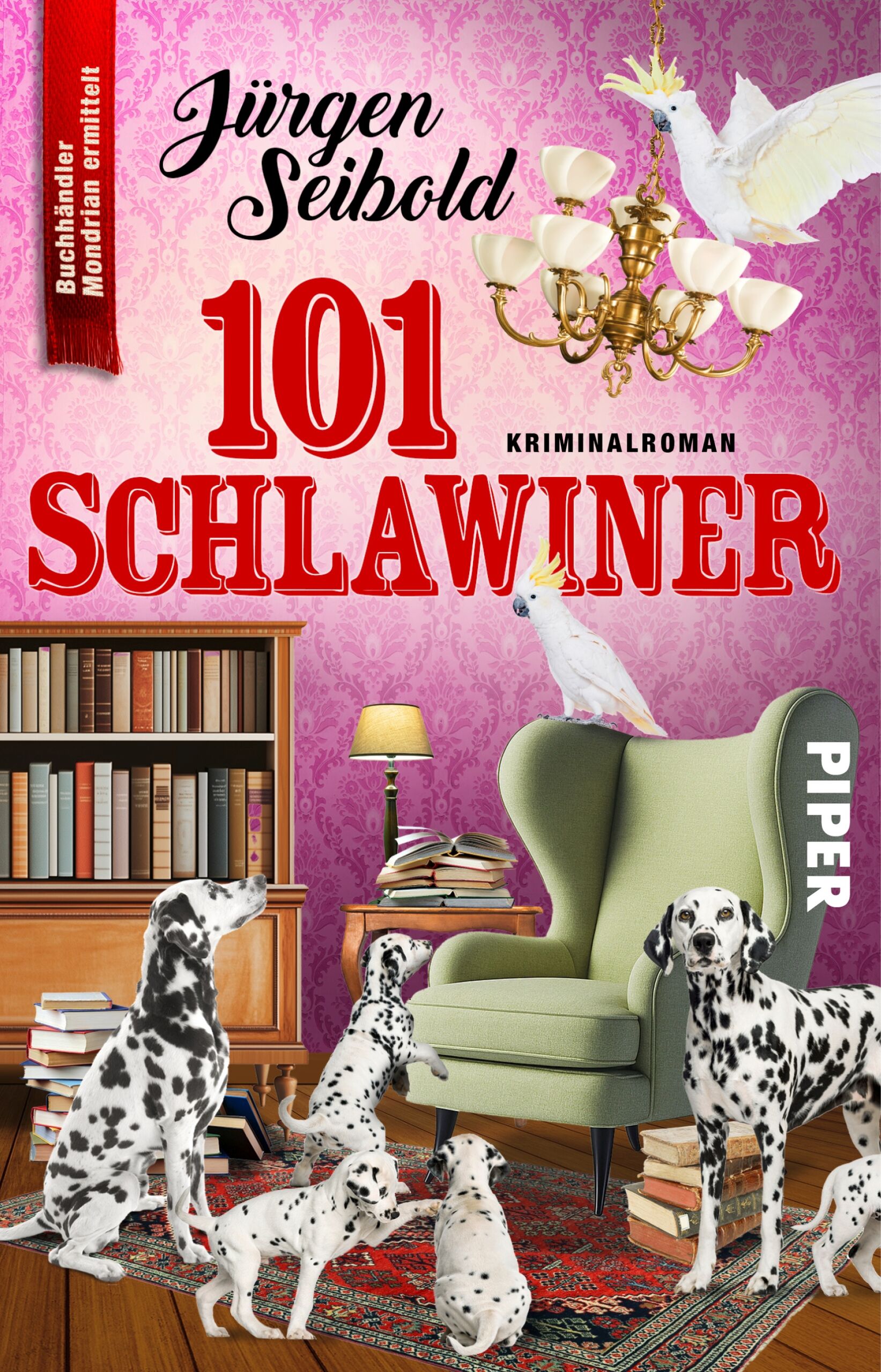 Das Buchcover zeigt eine farbenfrohe, humorvolle Szene mit mehreren Dalmatinern und einer weißen Taube, die um einen hellgrünen Sessel und ein Bücherregal mit bunten Bücherstapeln gruppiert sind. Im Hintergrund ist eine stilvolle Deckenlampe zu sehen, und die Wand ist in einem sanften Rosa gehalten. Der Titel „101 SCHLAWINER“ ist in großer, roter Schrift platziert, darunter steht „KRIMINALROMAN“ in schwarzer Schrift. Der Autor Jürgen Seibold wird oben auf dem Cover genannt, und das Verlagslogo „PIPER“ befindet sich an der unteren rechten Ecke.